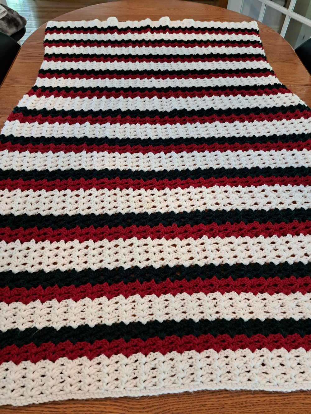 Hand Crafted Red Black and White Striped Crochet Throw Blanket
